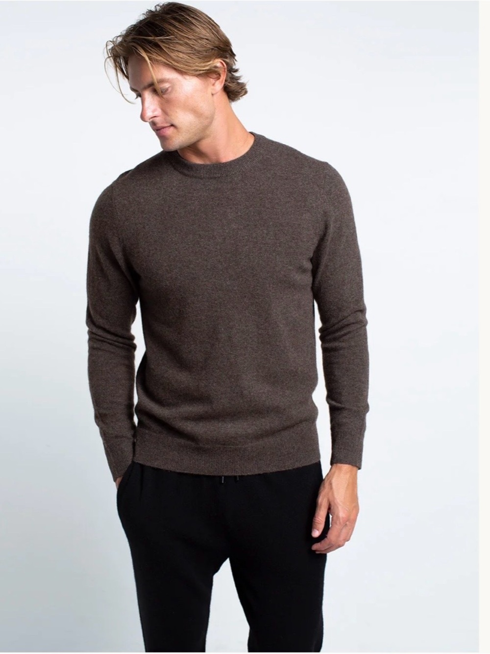 Quinn Liam 100% cashmere crewneck sweater brown men's XS